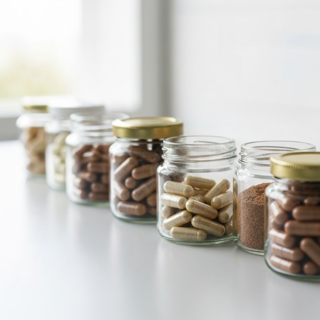 Nahaufnahme von Supplementgläsern und Kapseln auf sauberer Oberfläche