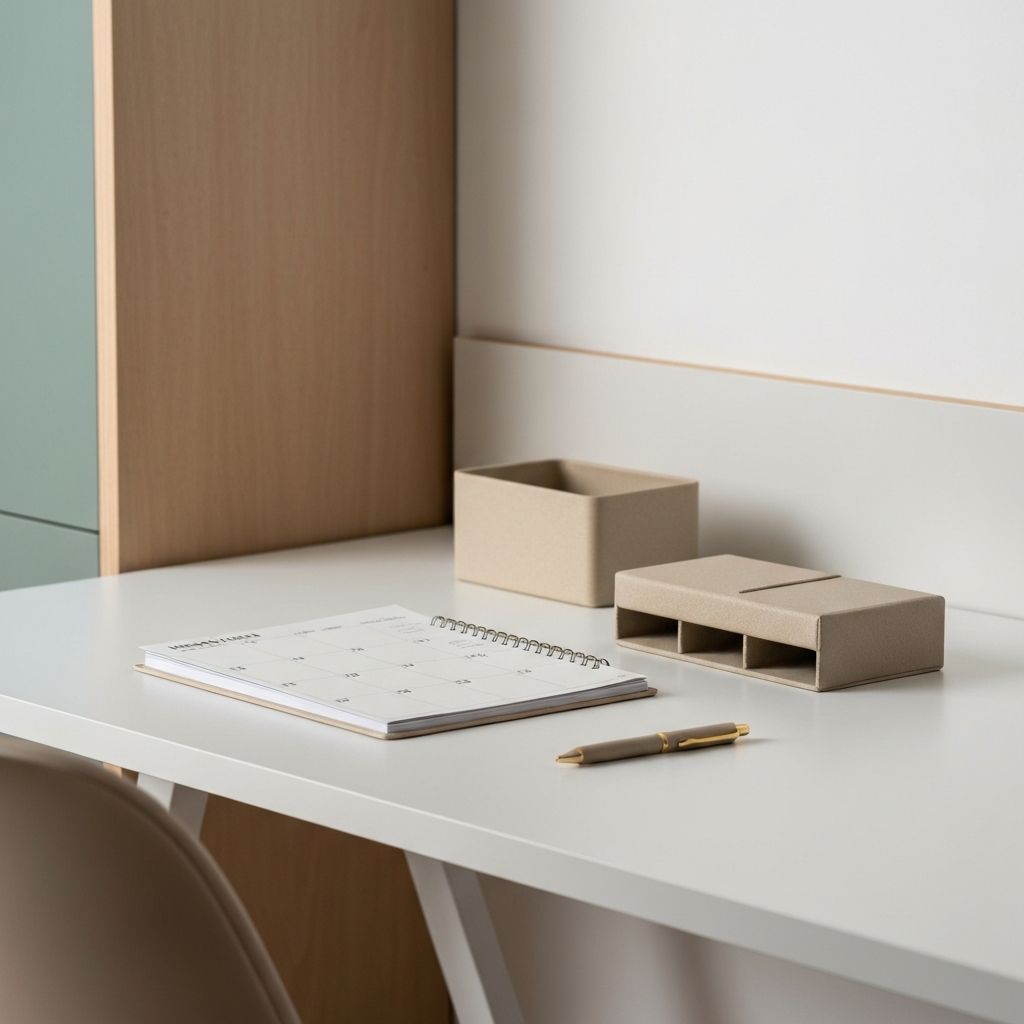 Schreibtisch mit Wochenplaner, Organizer und Stift