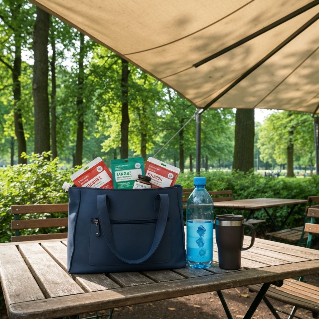 Reisetasche mit Supplementbeutel und Wasserflasche auf Schreibtisch