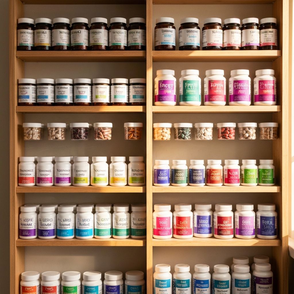 Organisierter Regal mit Supplementgläsern, Kapseln und Pulvern, verschiedene Kategorien